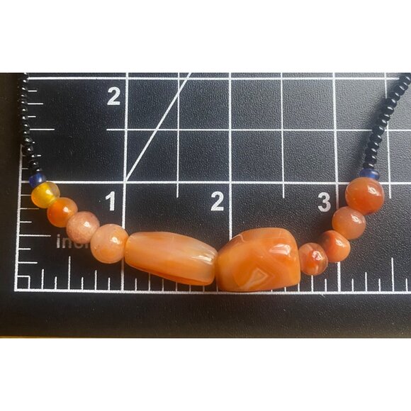 Vintage Carnelian Black Glass Beaded Necklace Orange Agate Stones Boho Unisex 21 - Picture 6 of 7